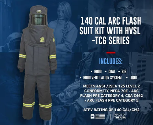 Vista 2 de Oberon Kit de traje Arc Flash - 140 Cal - Incluye capucha, abrigo, babero, sistema de ventilación y luz - Serie TCG