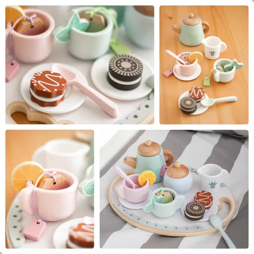 Vista 3 de UMU® Juego de Té de Madera para Niños – Juguete de Fiesta de Té de Juego Simulado con Tazas Coloridas, Bolsitas de Té, Rodajas de Limón y Más