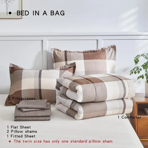 Vista 7 de AIKASY Bed in a Bag - Juego de edredón reversible de microfibra suave de 7 piezas tamaño Queen con diseño de cuadros marrones para todas
