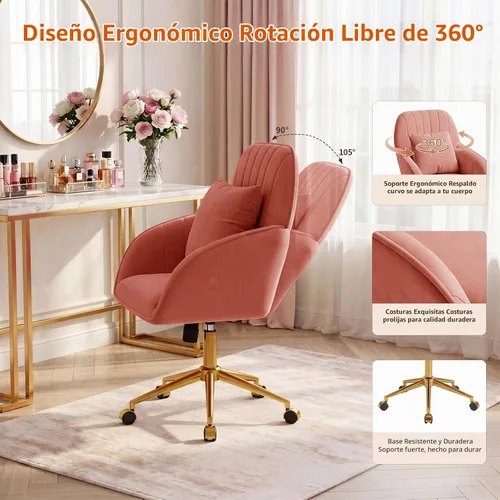 Vista 7 de Silla de escritorio para oficina en casa, cómoda con ruedas giratorias ajustables, moderna silla de tocador de maquillaje de terciopelo con respaldo