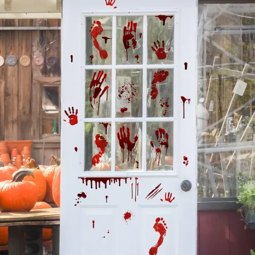 Vista 6 de Calcomanías de pared de huellas de manos sangrientas de Halloween, calcomanías de pared para decoración de fiesta de Halloween, decoración