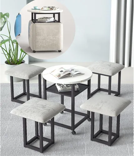 Vista 2 de Mesa de comedor combinada 5 en 1 con 4 taburetes, mesa auxiliar anidable que ahorra espacio, taburete otomano apilable, reposapiés, sofá y mesa