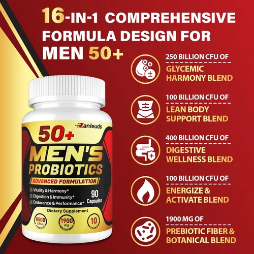 Vista 6 de Probióticos para hombres, potente probiótico para hombres de más de 50 años, salud intestinal y digestiva completa, con 850 mil millones de UFC