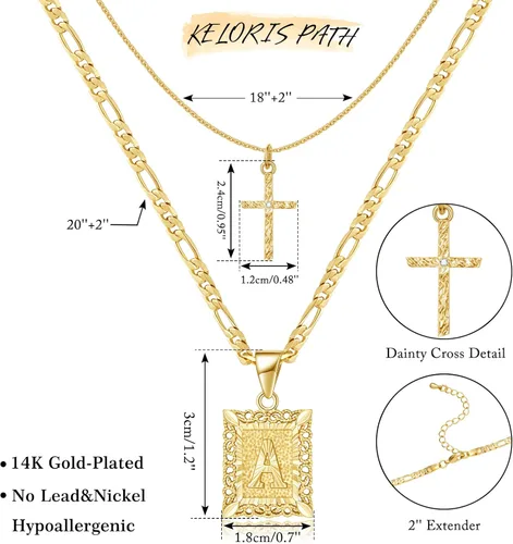Vista 5 de KELORIS PATH Collar de cruz con inicial en capas de oro chapado en oro de 14 quilates con dije de letra cuadrada cadena Figaro gargantilla de cruz