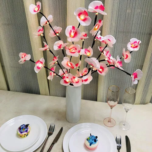 Vista 6 de Phalaenopsis - Paquete de 2 lámparas LED de rama de orquídea, ramo de orquídeas artificiales de mariposa, funciona con pilas, para decoración