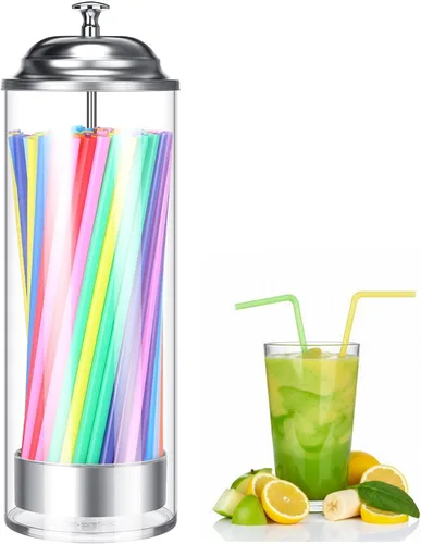 Vista 8 de Patelai - Dispensador de popotes y 200 popotes de plástico con tapa, dispensador de pajitas transparentes para mostrador de fiestas