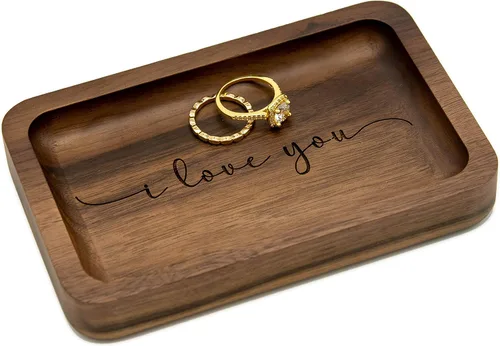 Vista 7 de MUUJEE Plato de madera para anillos – Ideas de regalo de boda de 5 años, bandeja para monedas o accesorios, regalo del día del padre para papá