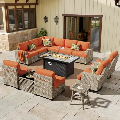 Vista 50 de HOOOWOOO Juego de Muebles Seccionales para Patio al Aire Libre, 6 Piezas Juegos de Conversación de Mimbre Sofá en Forma de L, Sofá Extra Profundo