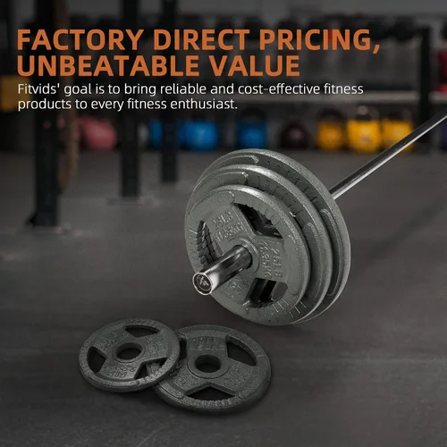 Vista 6 de Fitvids 2-Inch Olympic Cast Iron Plate Weight Plate Set with Clamps for Strength Training and Weightlifting