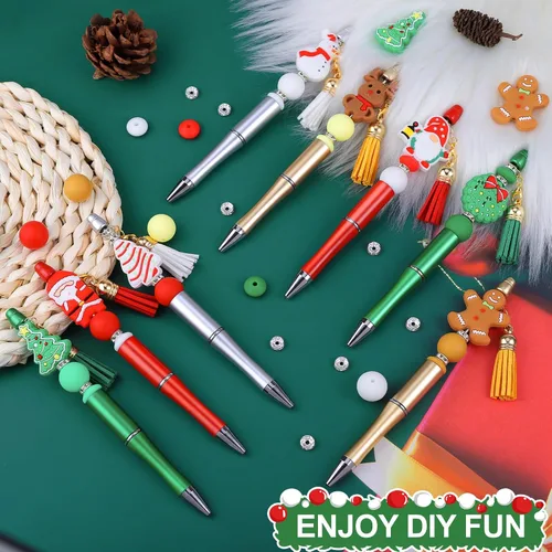 Vista 3 de CZWZ 8 piezas de bolígrafos de cuentas navideños, bolígrafos de plástico con cuentas y cuentas de silicona multicolor, bolígrafos navideños