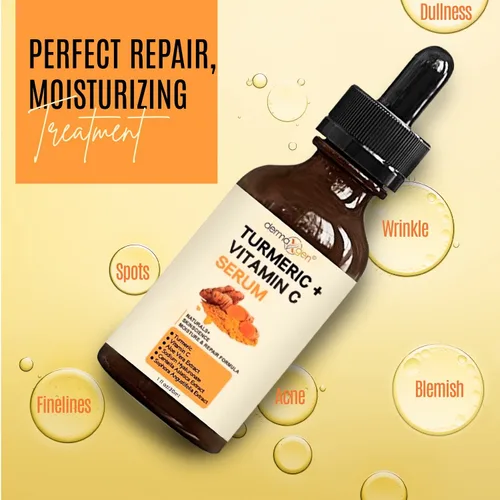 Vista 2 de Suero facial de cúrcuma + vitamina C, tratamiento orgánico para el acné, tono de piel claro, hidrata la piel opaca y seca, suero facial