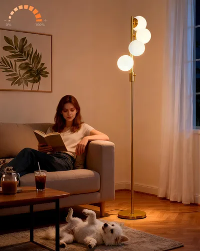 Vista 16 de Lightdot Lámparas de pie regulables doradas y negras de 66 pulgadas con mesa, moderna lámpara alta de pie con pantalla de globo, cabeza