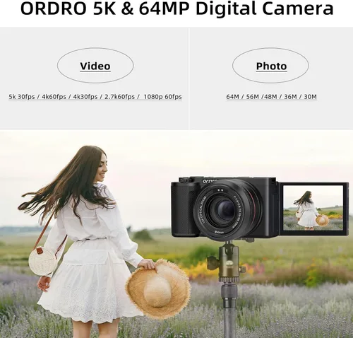 Vista 2 de ORDRO Cámara digital G730 5K Zoom óptico de 12x, pantalla táctil de ángulo variable de 3.2", enfoque automático/manual para vlogging y fotografía