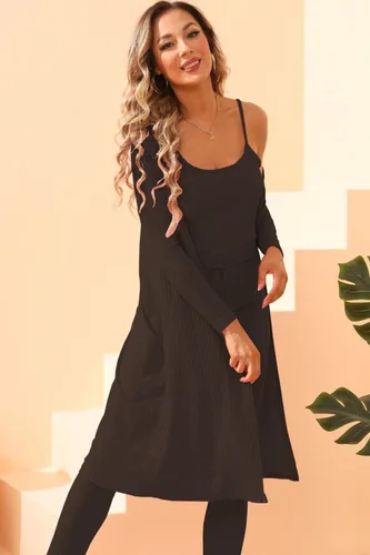 Vista 3 de Conjunto deportivo de 3 piezas para mujer, conjunto deportivo de verano acanalado, largo, cárdigan corto sin mangas, conjunto casual