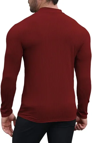 Vista 4 de Uni Clau Camisas de manga larga con cuello alto falso para hombre, camiseta térmica de punto acanalado casual