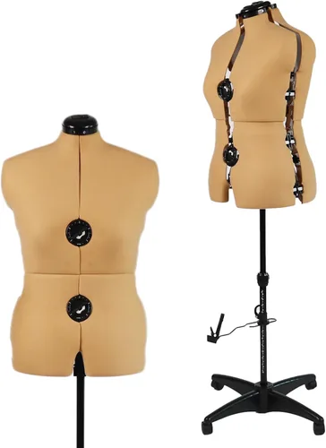 Vista 16 de Maniquí de forma de vestido ajustable beige para costura talla femenina 12-18, cuerpo de modelo con alfileres con 13 diales, ruedas desmontables