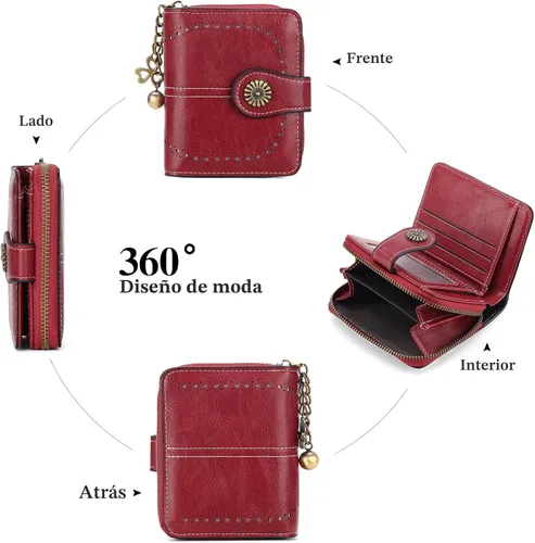 Vista 6 de Cartera pequeña para mujer, de piel, plegable, compacta, con bloqueo RFID, con bolsillo con cremallera para monedas, A01 Rojo Vino, Classic