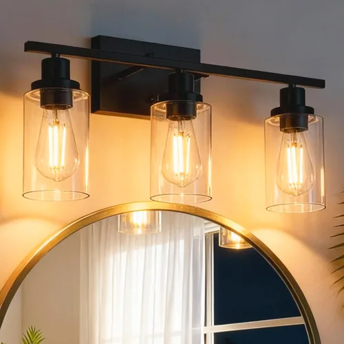 Vista 10 de MELUCEE Aplique de pared negro industrial vintage de 2 luces con pantalla de vidrio transparente y base de metal, luces de tocador de baño, apliques
