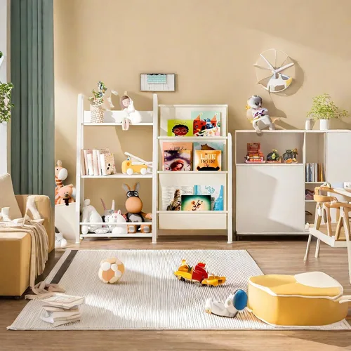 Vista 7 de Estantería infantil con bolsa de almacenamiento, estantería de 3 niveles y organizador de almacenamiento de juguetes para niños, estantería de metal