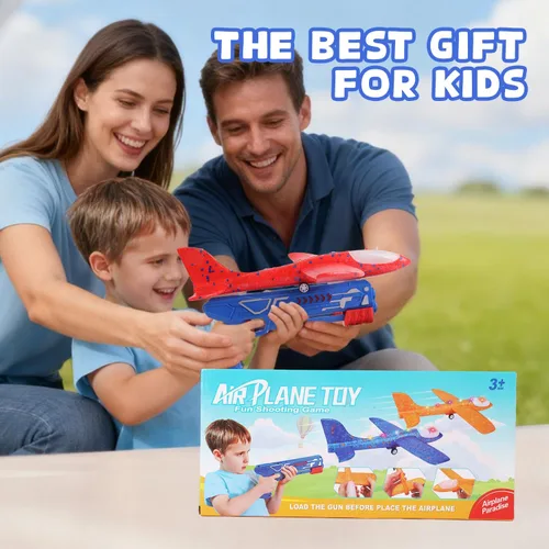 Vista 8 de Juguete lanzador de avión de espuma 2 aviones planeadores de espuma para niños Juguete de avión para niños con luces LED Dos modos de vuelo