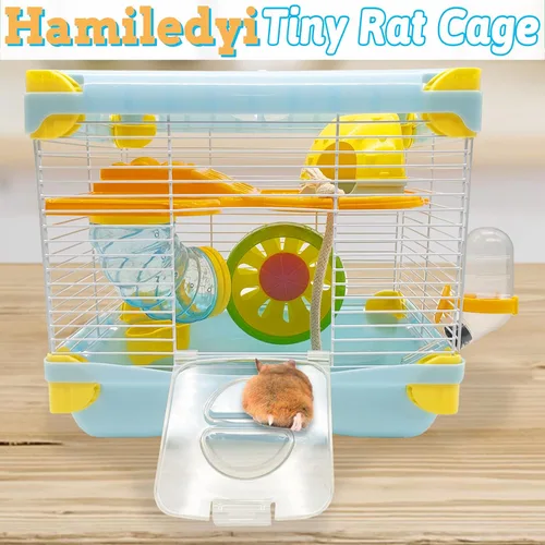 Vista 7 de Hamiledyi Jaula portátil para hámster de 2 niveles, hábitat de hámster enano, jaula de viaje para animales pequeños con rueda de ejercicio, recinto