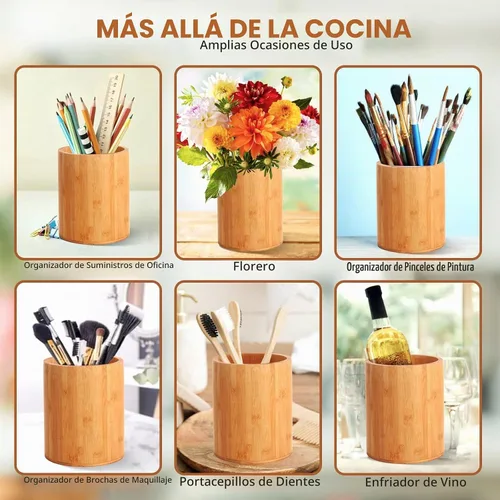 Vista 7 de Soporte de bambú para utensilios de cocina, soporte grande para encimera de cocina, cuchara de bambú y soporte para palillos para decoración