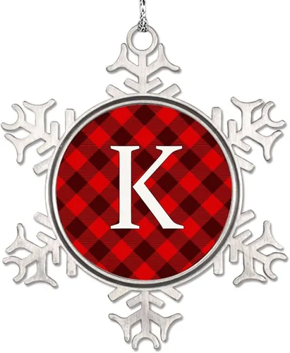 Vista 18 de Adorno de copo de nieve de letra A con inicial de copo de nieve, adorno de monograma a cuadros rojos para decoración de árbol de Navidad, adornos