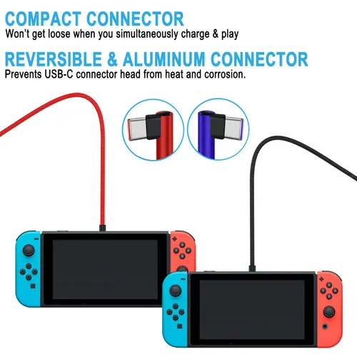 Vista 4 de Cable de carga para NS Switch and Switch LiteOLED y Pro Controller Paquete de 2 cables extralargos de punta de 90 grados de nailon trenzado USB C a