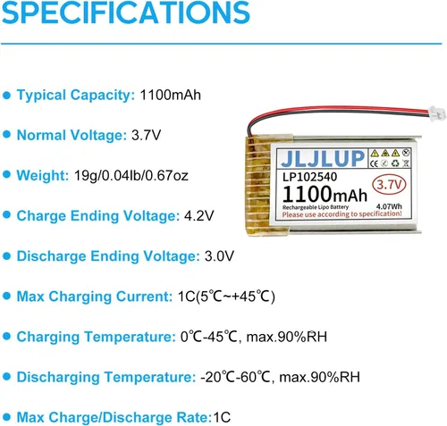 Vista 2 de Batería Lipo de 3.7 V 1100 mAh Baterías recargables de polímero de litio con cable JST1.0.984 in Conector Circuito de protección integrado