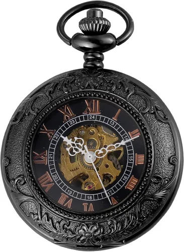Vista 8 de Carrie Hughes Reloj de bolsillo mecánico barroco steampunk para hombre con cadena en caja CHPW9B CH348