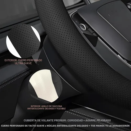 Vista 5 de Funda de cuero de microfibra para volante, 14.5-15 pulgadas, color negro Ajuste universal, fácil de instalar, diseño antideslizante, transpirable