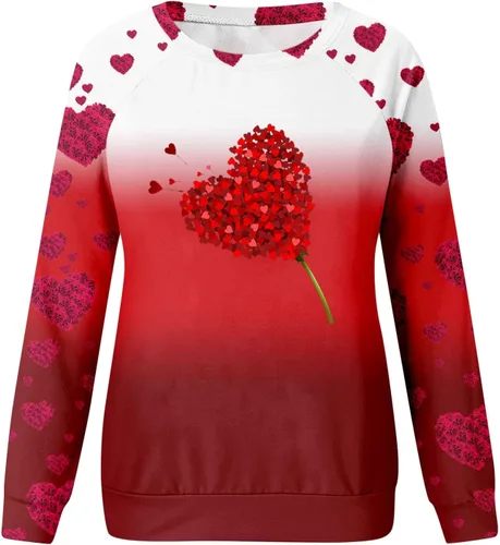 Vista 4 de Camisetas para el día de San Valentín para mujer, sudaderas con cuello redondo y estampado de corazón, manga larga, suéter casual de moda
