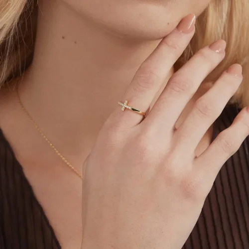 Vista 2 de PAVOI Anillo de cruz chapado en oro de 14 quilates Anillo de compromiso de eternidad para ella Anillo de boda infinito