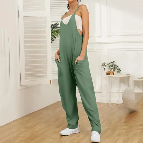 Vista 7 de Hugncmy Womens Casual Summer Jumpsuit Sleeveless Loose Solid Color Comfortable Strap Loose Jumpsuit Formal Rompers for