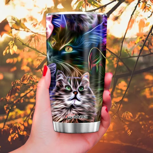 Vista 4 de TERAVEX Vaso de acero inoxidable divertido con tapa, regalos de gatos para amantes de los gatos, mujeres, regalos de cumpleaños inspiradores