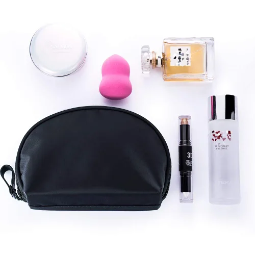 Vista 3 de Bolsa de cosméticos media luna Hekyip, neceser de maquillaje para viajes, neceser impermeable portátil para niñas y mujeres, pequeña (TODO NEGRO)