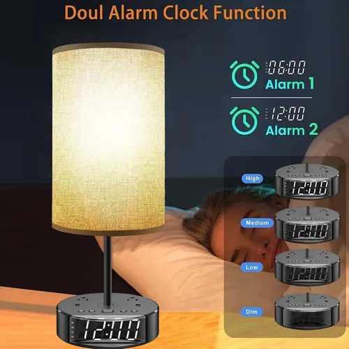 Vista 4 de Lámpara de mesa – Lámpara de noche con puertos USB y tomacorrientes, lámpara de dormitorio con base de reloj despertador, 3 vías regulables modernas