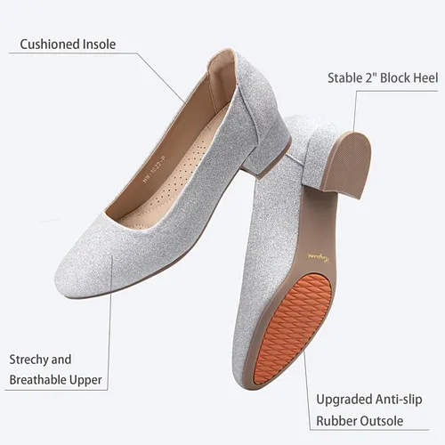 Vista 3 de Zapatos de tacón bajo para mujer, color negro, plateado y dorado, zapatos de vestir de tacón bajo, zapatos de tacón cerrado, tacones de bloque