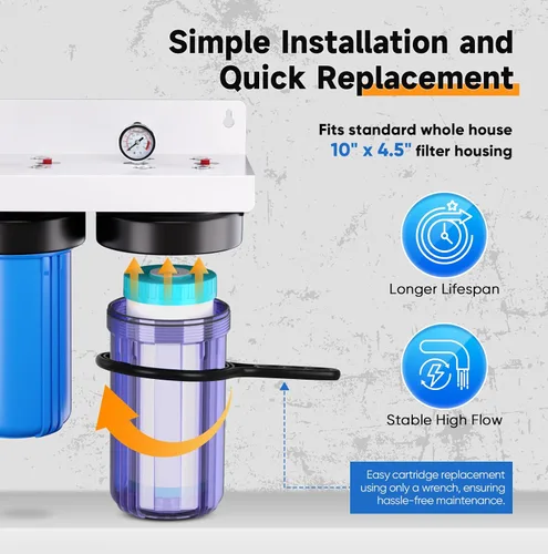 Vista 7 de PUREPLUS Sistema de filtración de agua de 2 etapas para toda la casa, reduce los metales pesados, el cloro y el olor, carcasas de 10 x 4.5 pulgadas