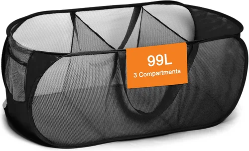 Vista 9 de Cestas de lavandería plegables, cesto de lavandería de malla plegable, cesta de lavandería emergente duradera, 2 cestos para ropa con compartimentos