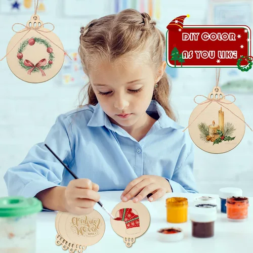 Vista 6 de Artmag 100 piezas de adornos colgantes de madera sin terminar de Navidad DIY, discos de madera redondos en blanco para manualidades, centros