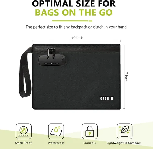 Vista 6 de OZCHIN Bolsa a prueba de olores con cerradura de combinación de 10 x 7 pulgadas, bolsa de bloqueo de piel sintética impermeable con cerradura, gran