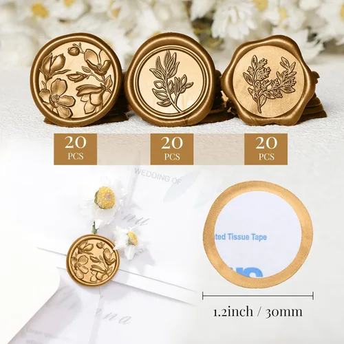 Vista 3 de UNIQOOO Adhesivos de Sello de Cera - (3 Diseños en 1 Paquete) Adhesivos de Sello para Sobre de Invitación de Boda, 60 Piezas Adhesivos