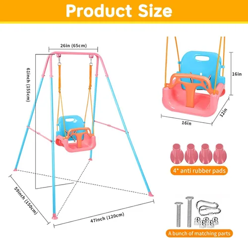 Vista 2 de Juego de columpios 3 en 1 para niños pequeños, columpio plegable con soporte, para interiores y exteriores, columpios multifuncionales para patio