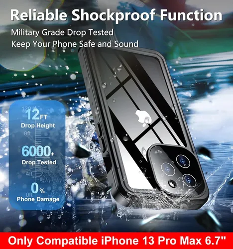 Vista 3 de SPIDERCASE Solo diseñada para el iPhone 13 Pro Max, funda impermeable, lente incorporada y protector de pantalla, protección completa de alta
