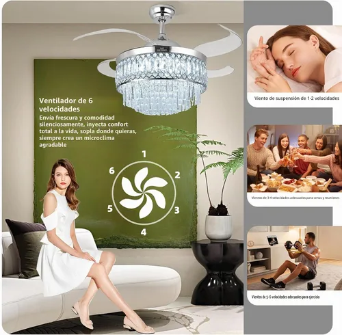 Vista 3 de Ventilador de techo retráctil de cristal con luces, ventilador de techo Bluetooth con altavoz, cuchillas reversibles de 6 velocidades, luz LED RGB