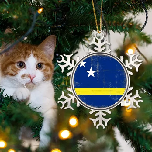 Vista 4 de Curacao Adornos de metal de copo de nieve colgantes para árbol de Navidad, regalo patriótico de recuerdo, adornos de árbol de Navidad, bandera