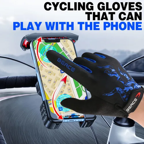 Vista 2 de BEACE Guantes de ciclismo, guantes de ciclismo para hombres y mujeres, con pantalla táctil, guantes de bicicleta de montaña con dedo completo