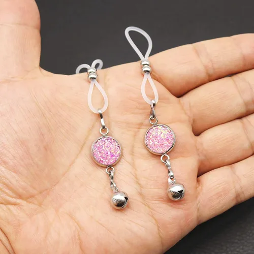 Vista 4 de Cadenas de joyería de pezón sin perforar, anillos de perforación de pezón de imitación, campanas, lazo de pezón de acero inoxidable