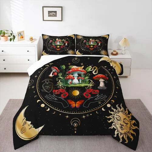Vista 5 de Juego de edredón de champiñones para niños, tamaño individual, juego de ropa de cama romántica con sol, luna, cielo estrellado y galaxia, decoración